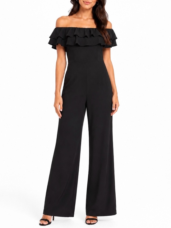 Hyfve Pants - HYFVE Black Off Shoulder Ruffle Wide Leg Jumpsuit Size Medium